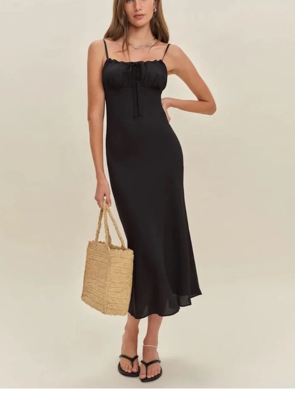 Reformation Camira Black Spaghetti-Strap Slip Midi Dress